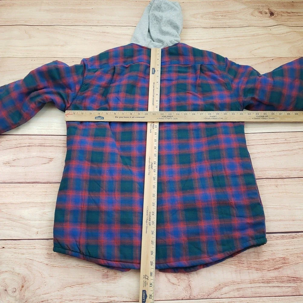 Wrangler Jacket Mens Medium Blue Red Plaid Hooded‎ Flannel Lined Warm Outdoor